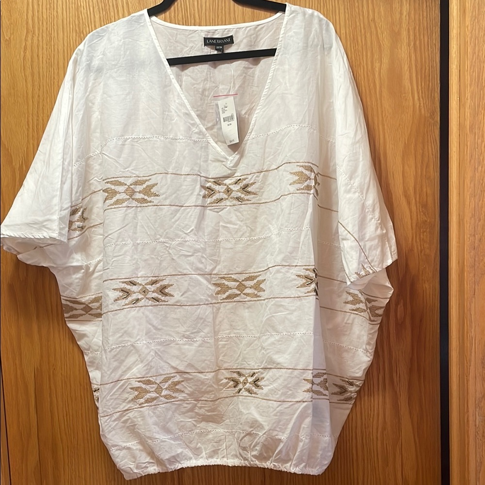 Lane Bryant White and Tan beaded V-Neck Top